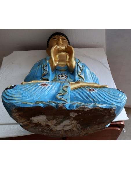 Buddha scultura il legno massello noce indiano o suar cm 40x20x52h Blu e oro
