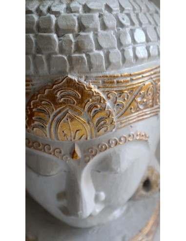 Testa di Buddha in legno decorata e dipinta a...