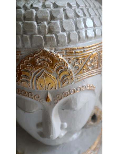 Testa di Buddha in legno decorata e dipinta a mano cm 50h bianca