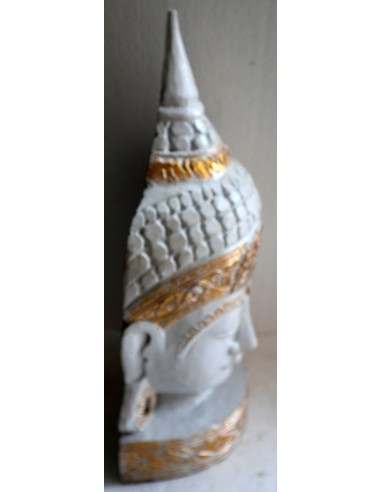 Testa di Buddha in legno decorata e dipinta a...