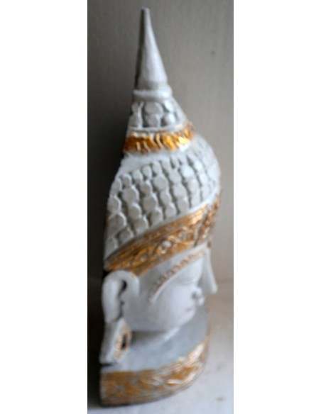 Testa di Buddha in legno decorata e dipinta a mano cm 50h bianca