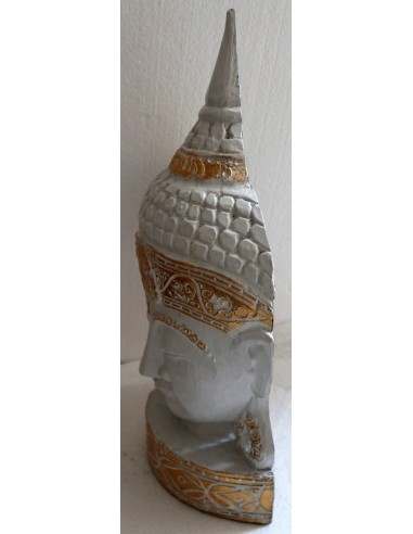 Testa di Buddha in legno decorata e dipinta a...