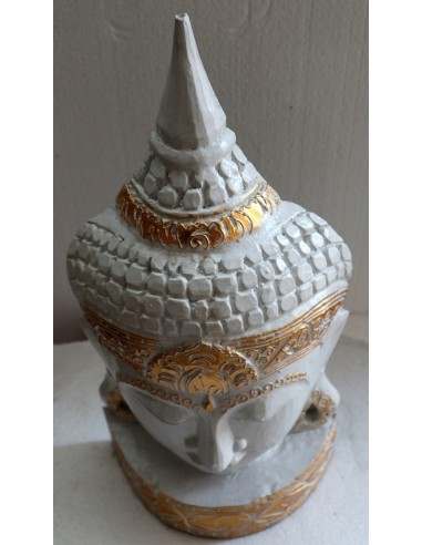 Testa di Buddha in legno decorata e dipinta a...