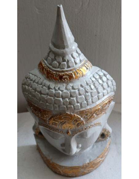 Testa di Buddha in legno decorata e dipinta a mano cm 50h bianca