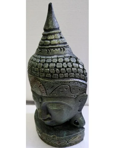 Testa di Buddha in legno decorata e dipinta a...