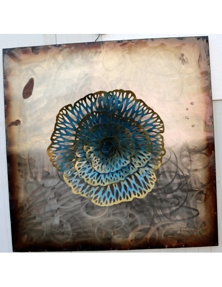 Quadro dipinto in metallo con fiore a rilievo cm 100x100 astratto