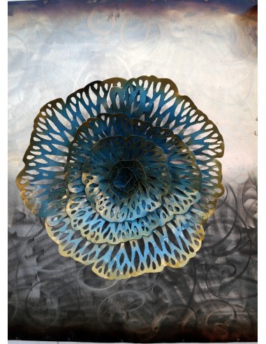 Quadro dipinto in metallo con fiore a rilievo...