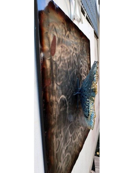 Quadro dipinto in metallo con fiore a rilievo cm 100x100 astratto