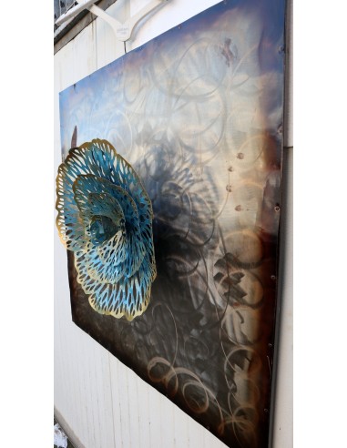Quadro dipinto in metallo con fiore a rilievo...