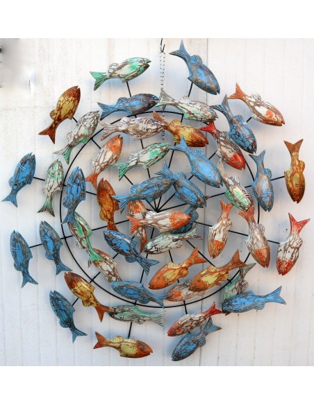 Pannello marino in metallo con pesci in legno colorati creato e colorato mano cm 100x15