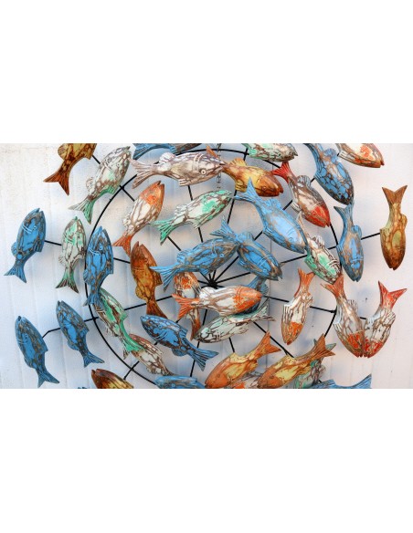 Pannello marino in metallo con pesci in legno colorati creato e colorato mano cm 100x15