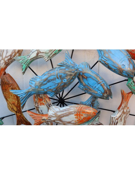 Pannello marino in metallo con pesci in legno colorati creato e colorato mano cm 100x15