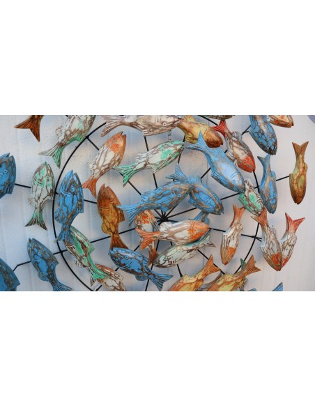 Pannello marino in metallo con pesci in legno colorati creato e colorato mano cm 100x15