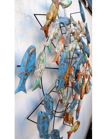 Pannello marino in metallo con pesci in legno colorati creato e colorato mano cm 100x15