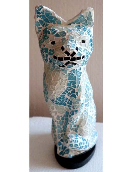 Lampada abatjour gatto cm 30 in resina e mosaico celeste e biancar gattino da tavolo