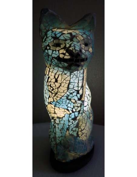 Lampada abatjour gatto cm 30 in resina e mosaico celeste e biancar gattino da tavolo