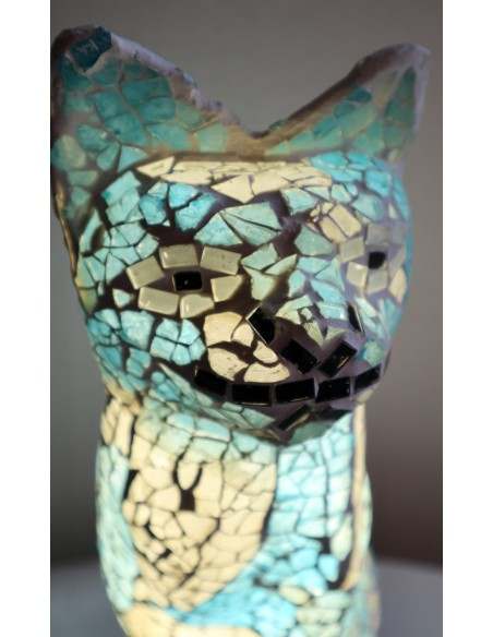 Lampada abatjour gatto cm 30 in resina e mosaico celeste e biancar gattino da tavolo