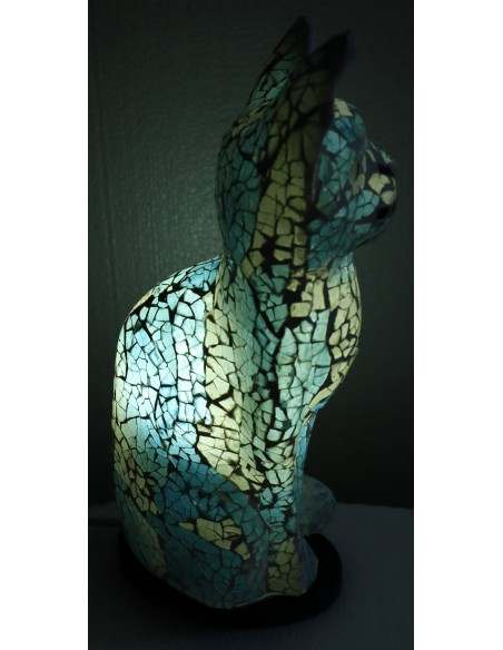 Lampada abatjour gatto cm 30 in resina e mosaico celeste e biancar gattino da tavolo