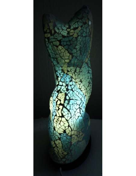 Lampada abatjour gatto cm 30 in resina e mosaico celeste e biancar gattino da tavolo