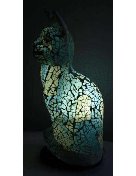 Lampada abatjour gatto cm 30 in resina e mosaico celeste e biancar gattino da tavolo