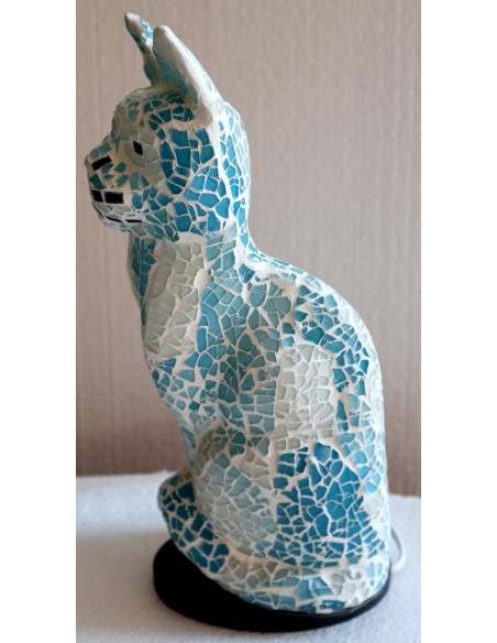 Lampada abatjour gatto cm 30 in resina e mosaico celeste e biancar gattino da tavolo