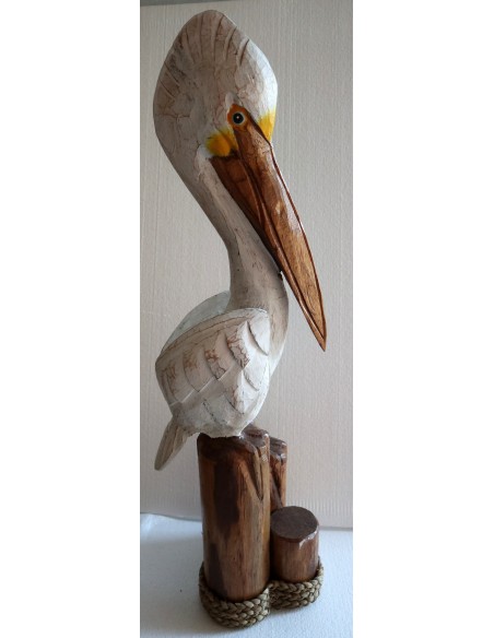 Scultura di un Pellicano in legno da cm 25x20x82h bianco r marrone mare dipinto