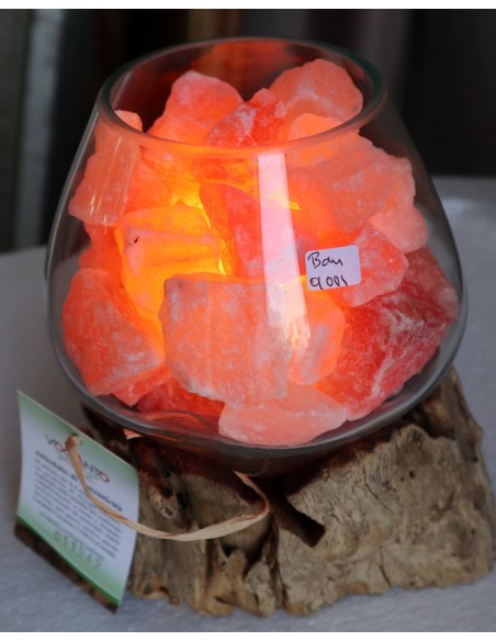 Lampada di sale irripetibile creata in vetro soffiato su legno lasciato naturale salgemma Himalaya cm 20x18x21 n.11942