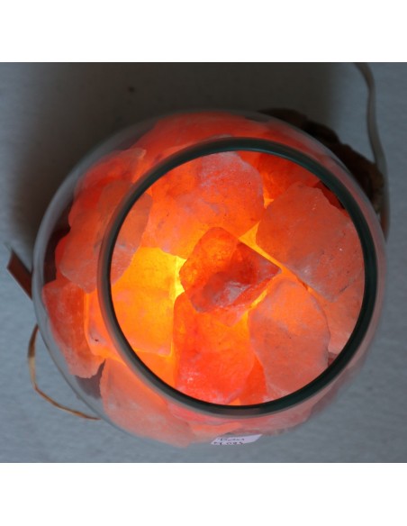 Lampada di sale irripetibile creata in vetro soffiato su legno lasciato naturale salgemma Himalaya cm 20x18x21 n.11942