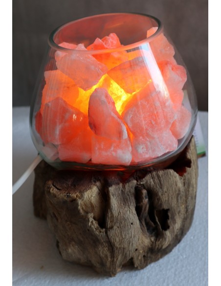 Lampada di sale irripetibile creata in vetro soffiato su legno lasciato naturale salgemma Himalaya cm 20x18x21 n.11942