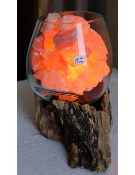 Lampada di sale irripetibile creata in vetro soffiato su legno naturale salgemma Himalaya cm 14x18x24 n 11944 Unica