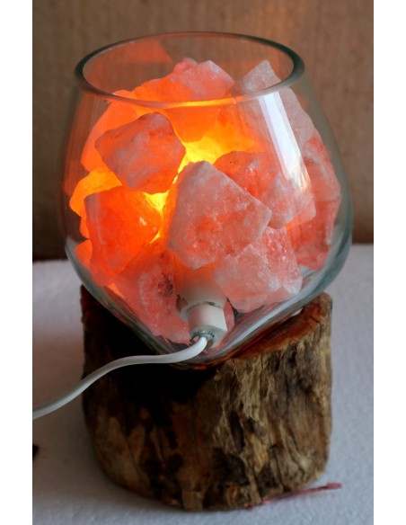 Lampada di sale irripetibile creata in vetro soffiato su legno naturale salgemma Himalaya cm 14x18x24 n 11944 Unica