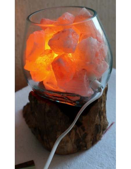 Lampada di sale irripetibile creata in vetro soffiato su legno naturale salgemma Himalaya cm 14x18x24 n 11944 Unica
