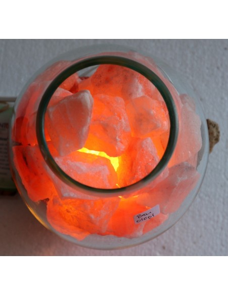 Lampada di sale irripetibile creata in vetro soffiato su legno naturale salgemma Himalaya cm 18x17x18h n 11939 Unica