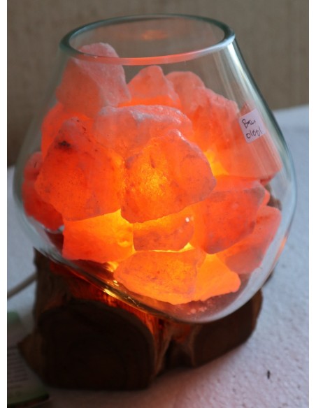 Lampada di sale irripetibile creata in vetro soffiato su legno naturale salgemma Himalaya cm 18x17x18h n 11939 Unica