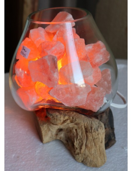 Lampada di sale irripetibile creata in vetro soffiato su legno naturale salgemma Himalaya cm 18x17x18h n 11939 Unica