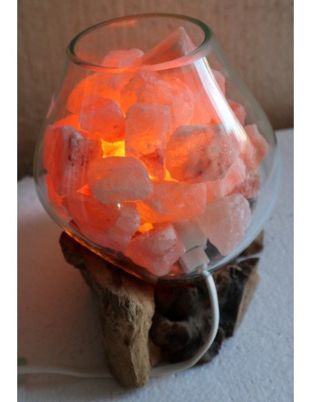 Lampada di sale irripetibile creata in vetro soffiato su legno naturale salgemma Himalaya cm 18x17x18h n 11939 Unica