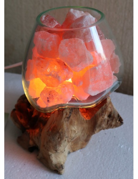 Lampada di sale irripetibile creata in vetro soffiato su legno naturale salgemma Himalaya cm 19x16x21h n 11938 Unica