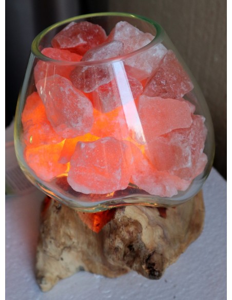 Lampada di sale irripetibile creata in vetro soffiato su legno naturale salgemma Himalaya cm 19x16x21h n 11938 Unica