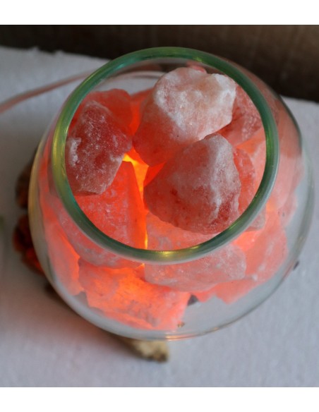 Lampada di sale irripetibile creata in vetro soffiato su legno naturale salgemma Himalaya cm 19x16x21h n 11938 Unica