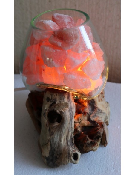 Lampada di sale irripetibile creata in vetro soffiato su legno naturale salgemma Himalaya cm 19x16x21h n 11938 Unica