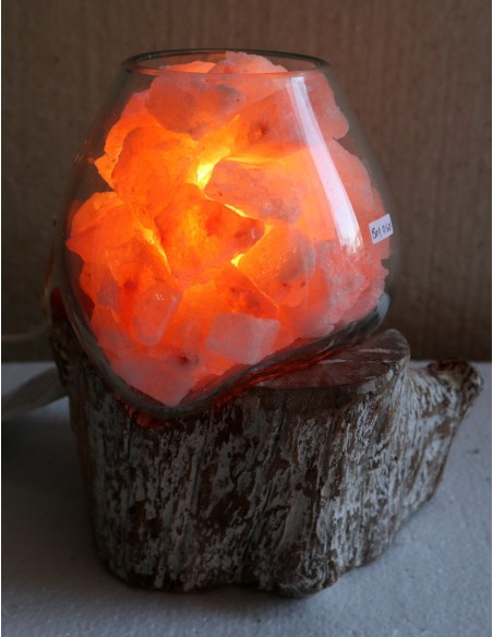 Lampada di sale irripetibile creata in vetro soffiato su legno bianco decapato salgemma Himalaya cm 20x17x22 n 14404