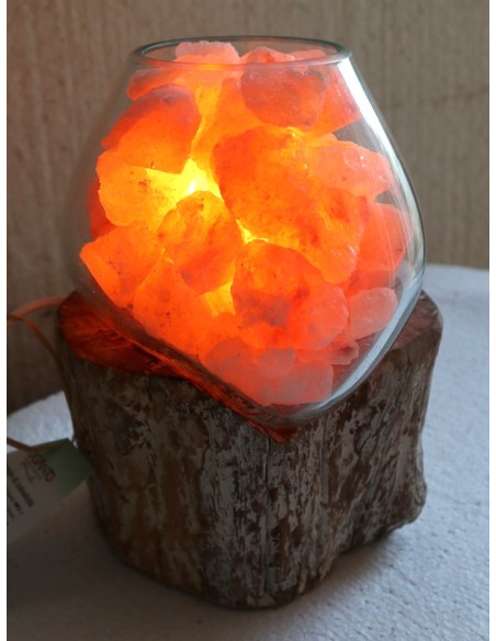 Lampada di sale irripetibile creata in vetro soffiato su legno bianco decapato salgemma Himalaya cm 20x17x22 n 14404