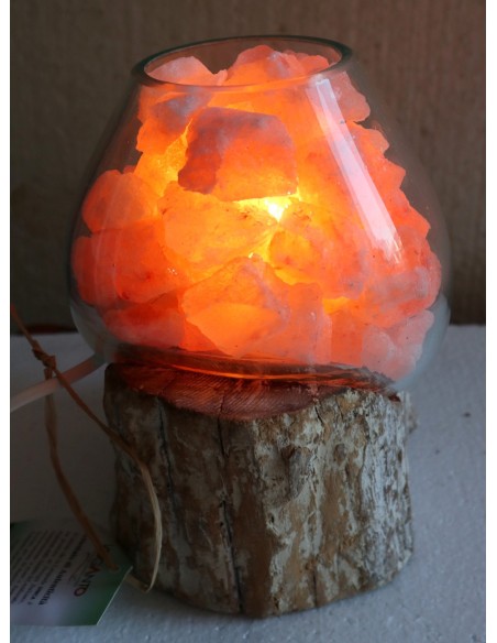 Lampada di sale irripetibile creata in vetro soffiato su legno bianco decapato salgemma Himalaya cm 20x17x22 n 14404