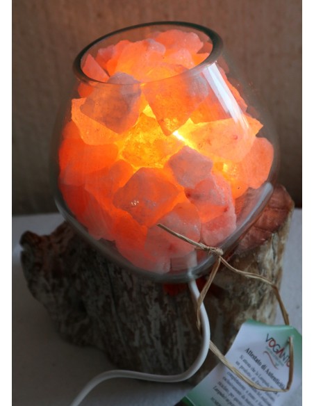 Lampada di sale irripetibile creata in vetro soffiato su legno bianco decapato salgemma Himalaya cm 20x17x22 n 14404