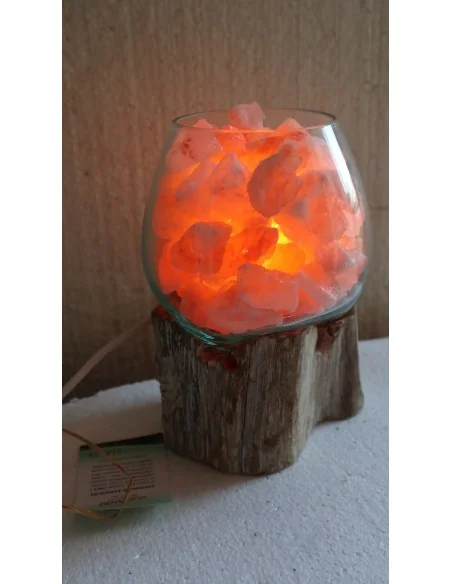 Lampada di sale irripetibile creata in vetro soffiato su legno bianco decapato salgemma Himalaya cm 20x16x23 n 14239