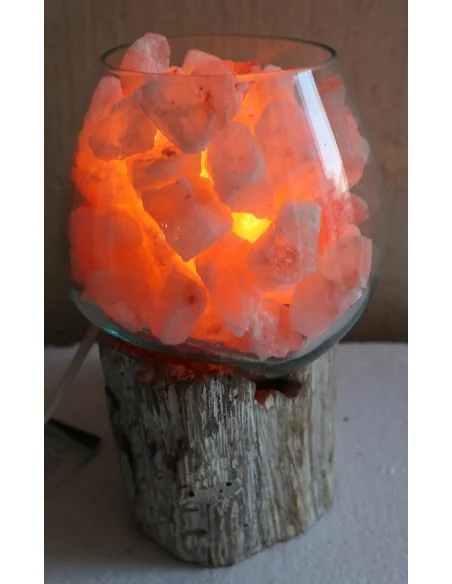Lampada di sale irripetibile creata in vetro soffiato su legno bianco decapato salgemma Himalaya cm 20x16x23 n 14239