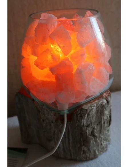 Lampada di sale irripetibile creata in vetro soffiato su legno bianco decapato salgemma Himalaya cm 20x16x23 n 14239