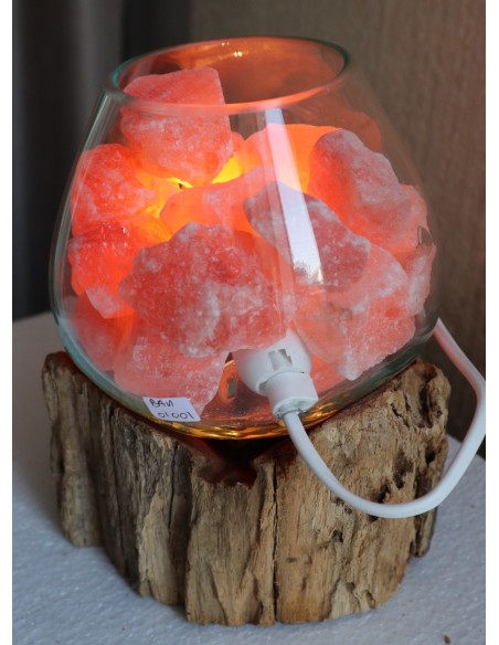 Lampada di sale irripetibile creata in vetro soffiato su legno lasciato naturale salgemma Himalaya cm 16x15x21h n 11936