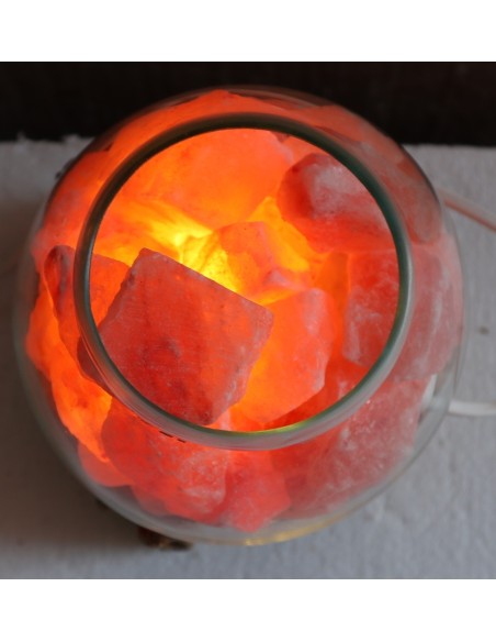 Lampada di sale irripetibile creata in vetro soffiato su legno lasciato naturale salgemma Himalaya cm 16x15x21h n 11936