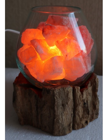 Lampada di sale irripetibile creata in vetro soffiato su legno lasciato naturale salgemma Himalaya cm 16x15x21h n 11936
